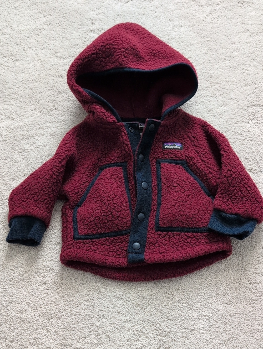 Patagonia Baby Burgundy Hooded Sherpa Jacket with Navy Trim 6-12m